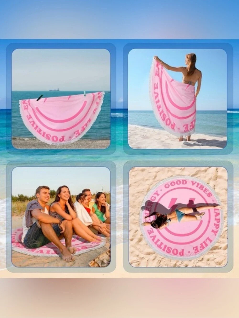 Round Smiley Beach Towel with Fringe - Positive Energy Inspo message